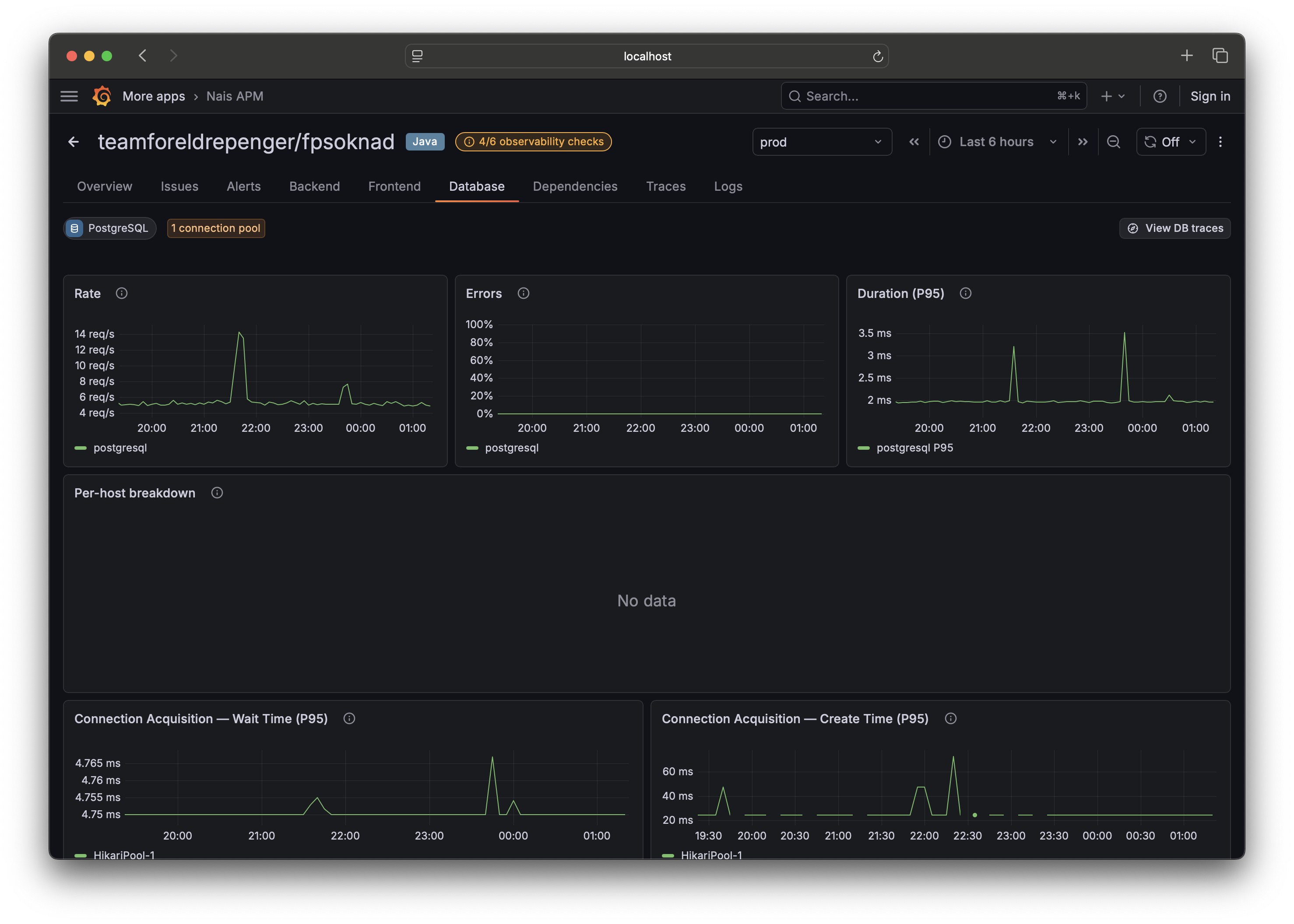 Database tab โ PostgreSQL query analytics and connection-pool health