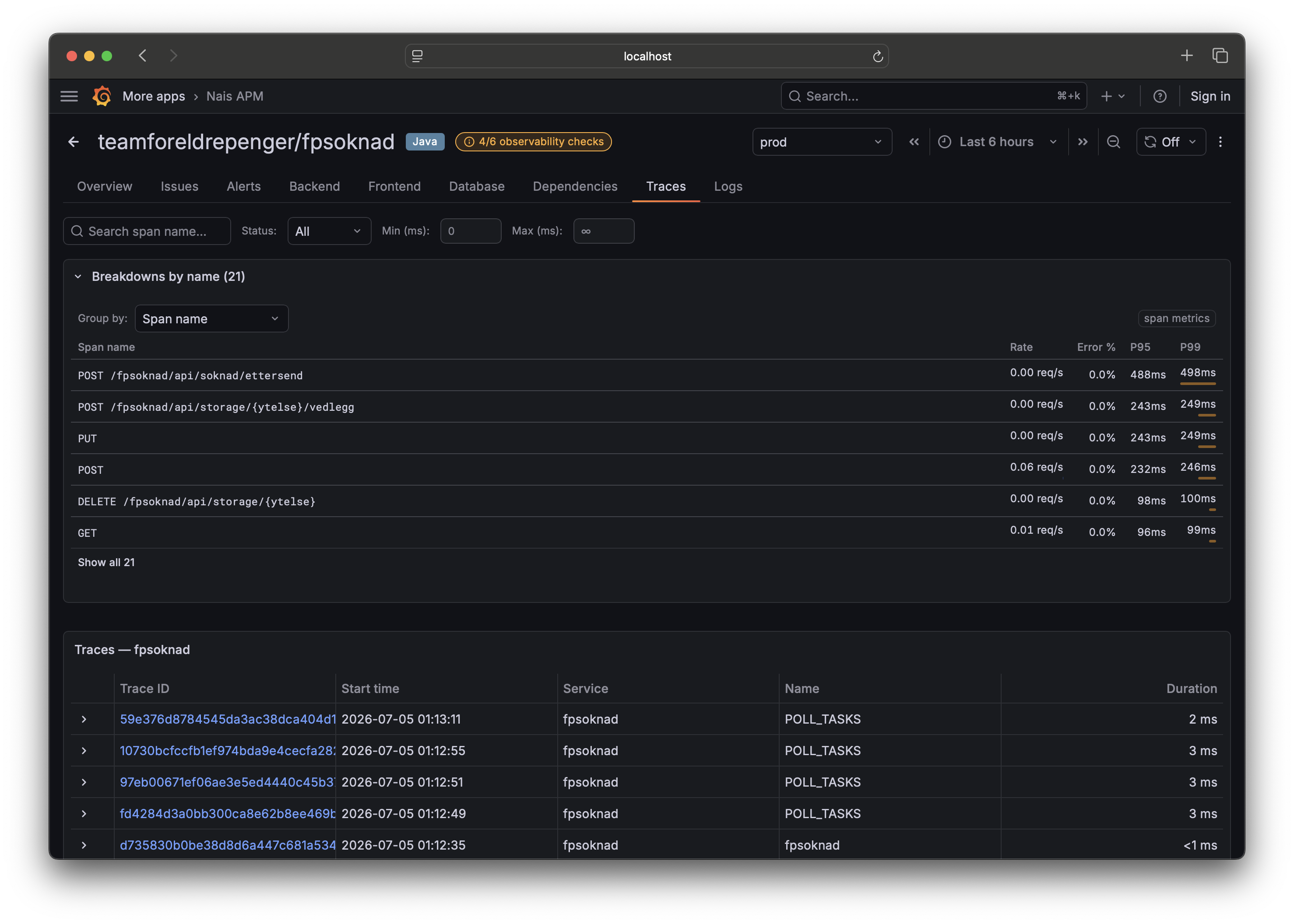 Traces tab โ span-name breakdowns above the trace list