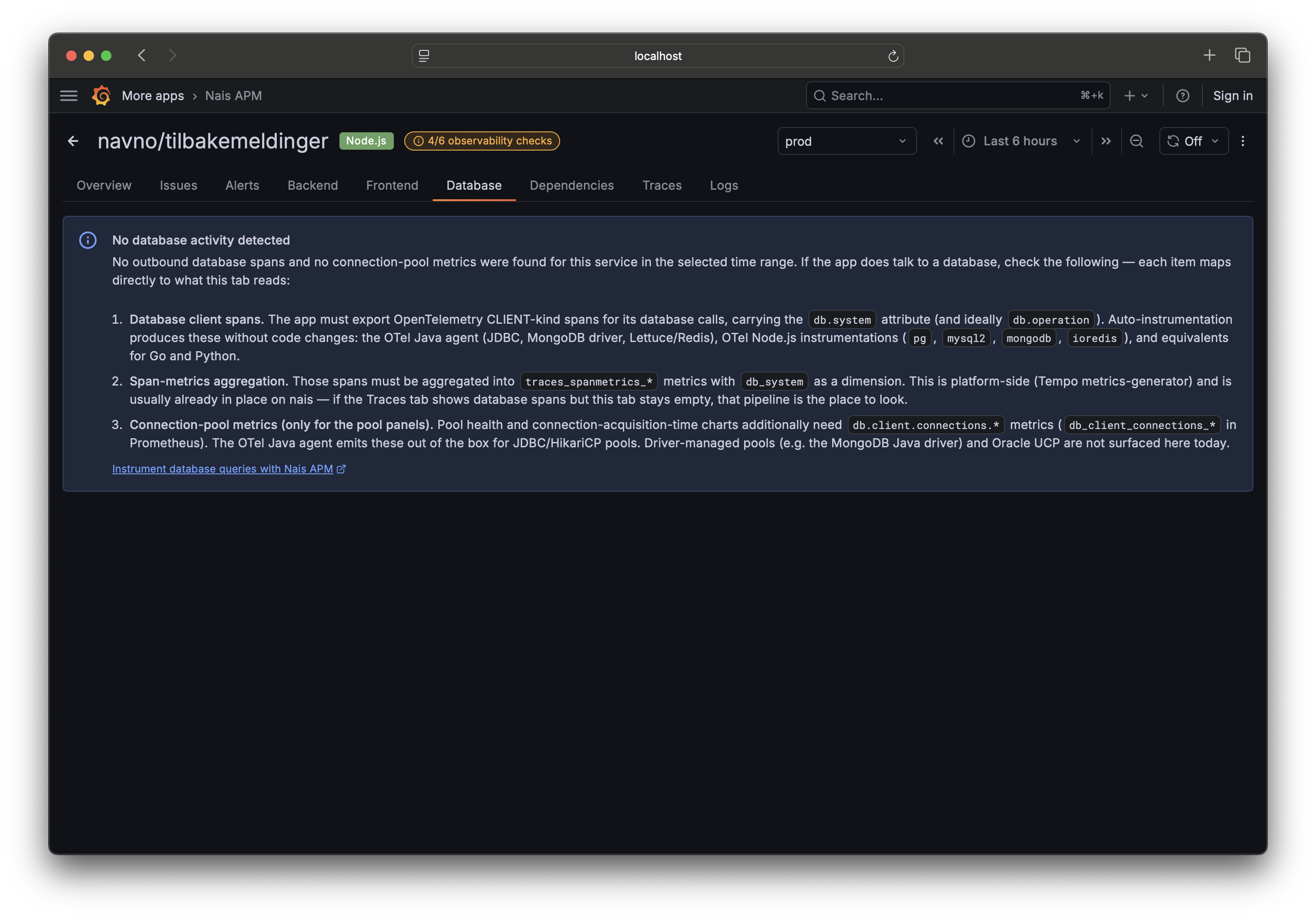 Database tab empty state โ the instrumentation checklist