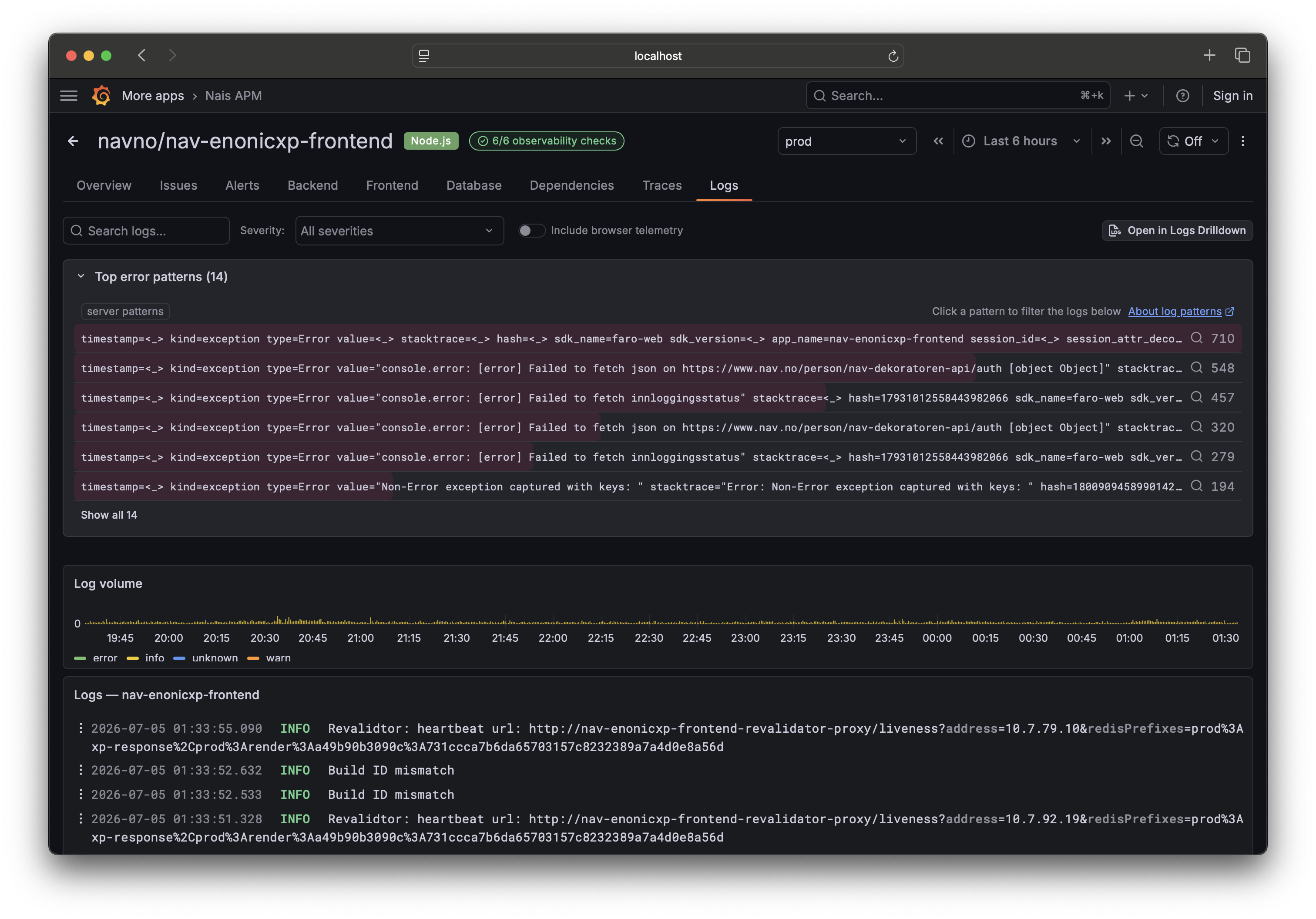 Logs tab โ top error patterns above the raw log stream