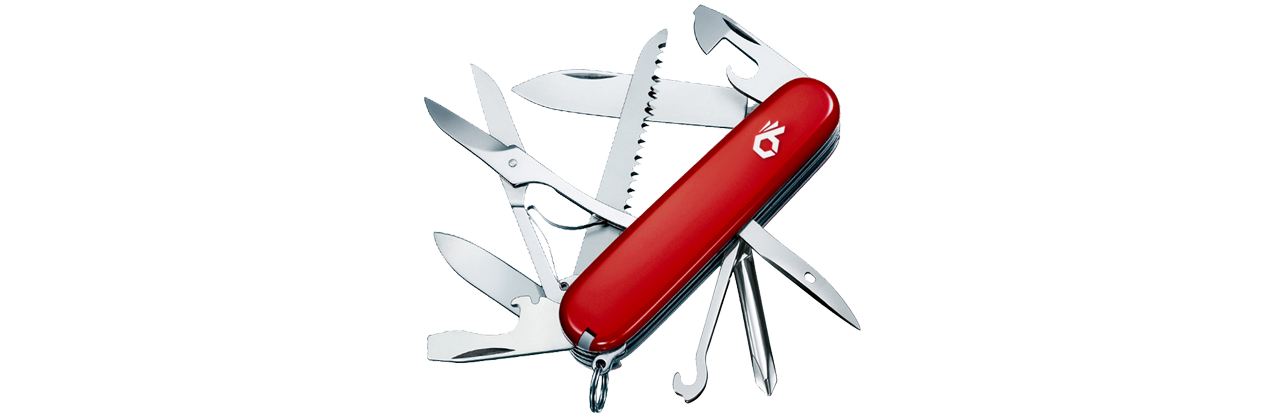A swiss army knife with the nais logo. All the tools are opened and it looks like a mess.