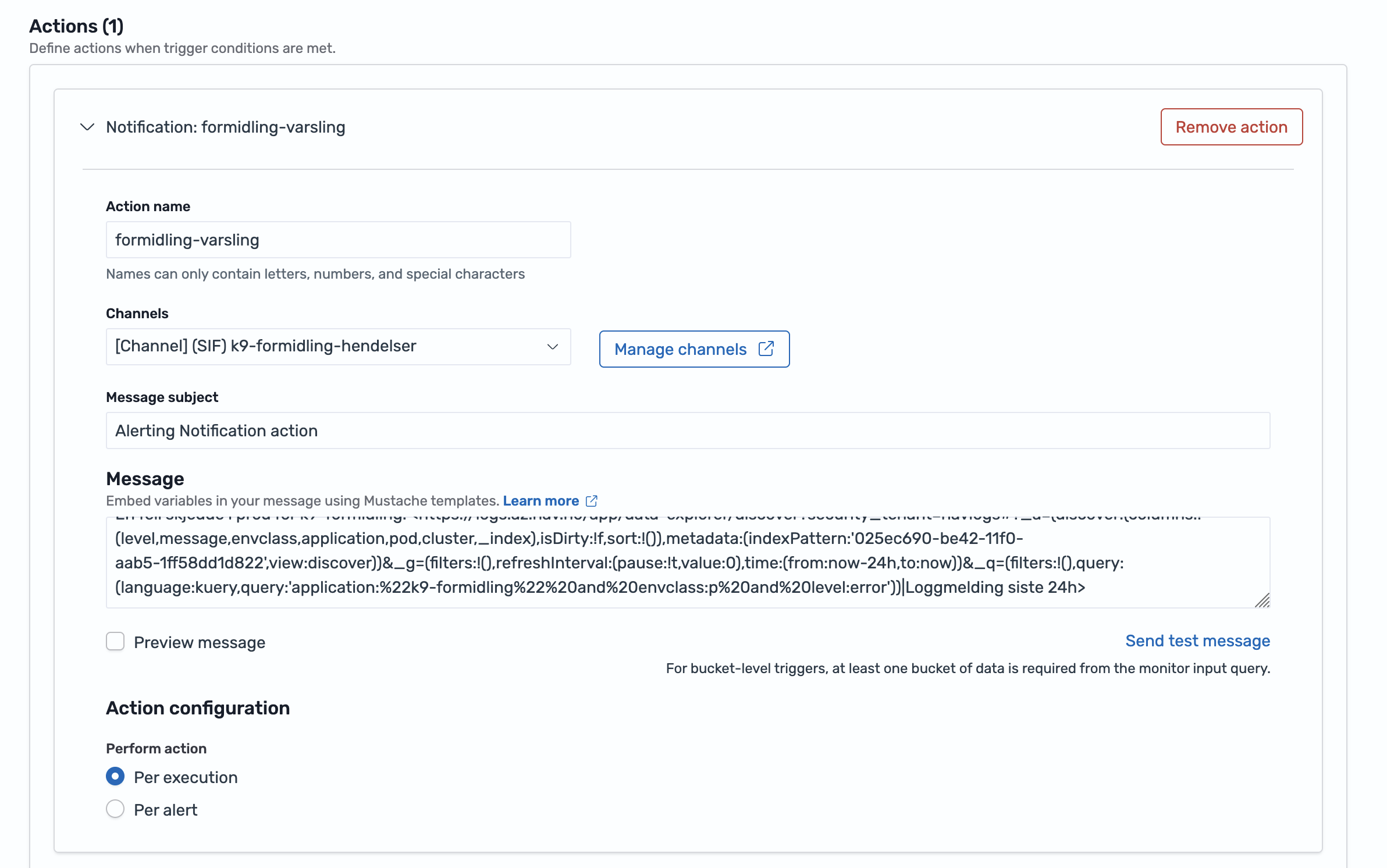 Screenshot: Action configuration