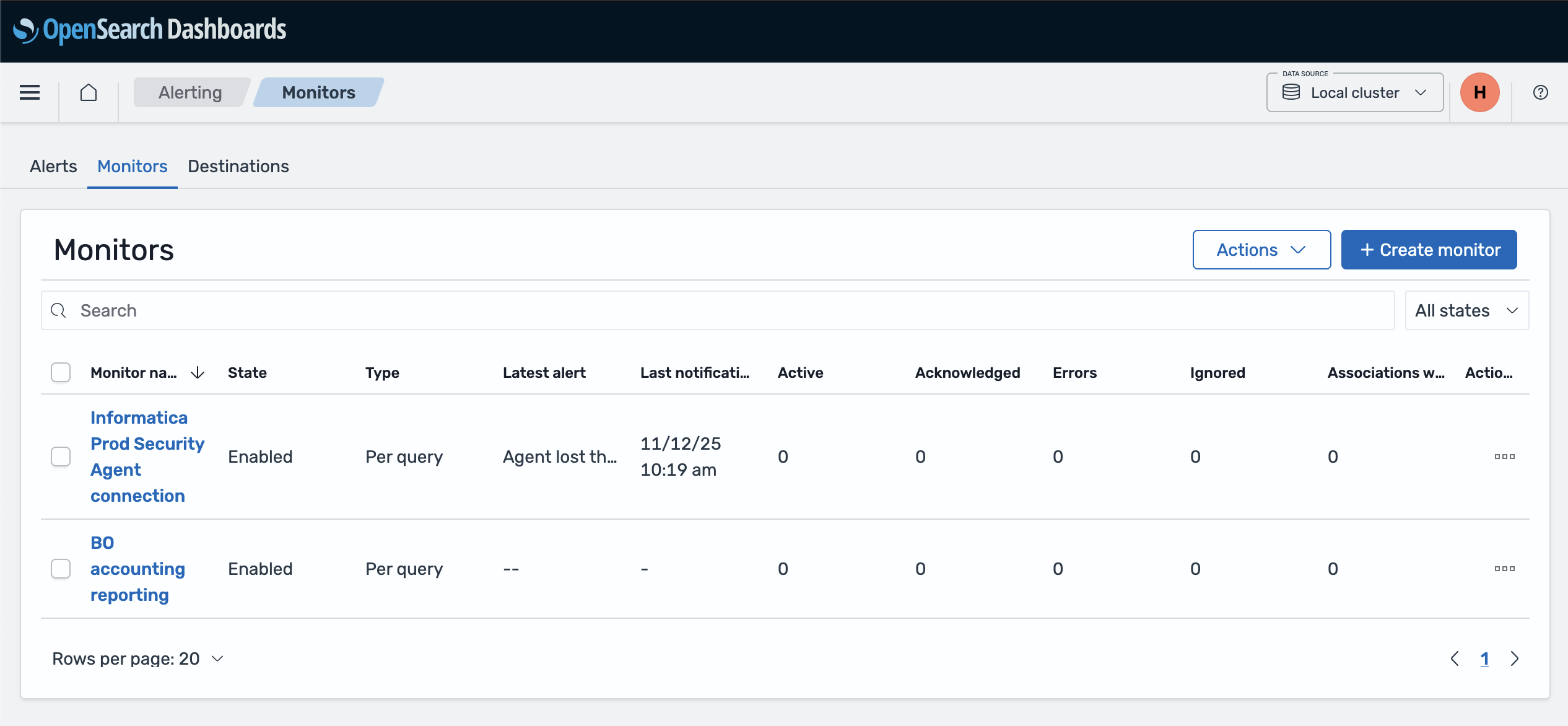 Screenshot: Creating a monitor
